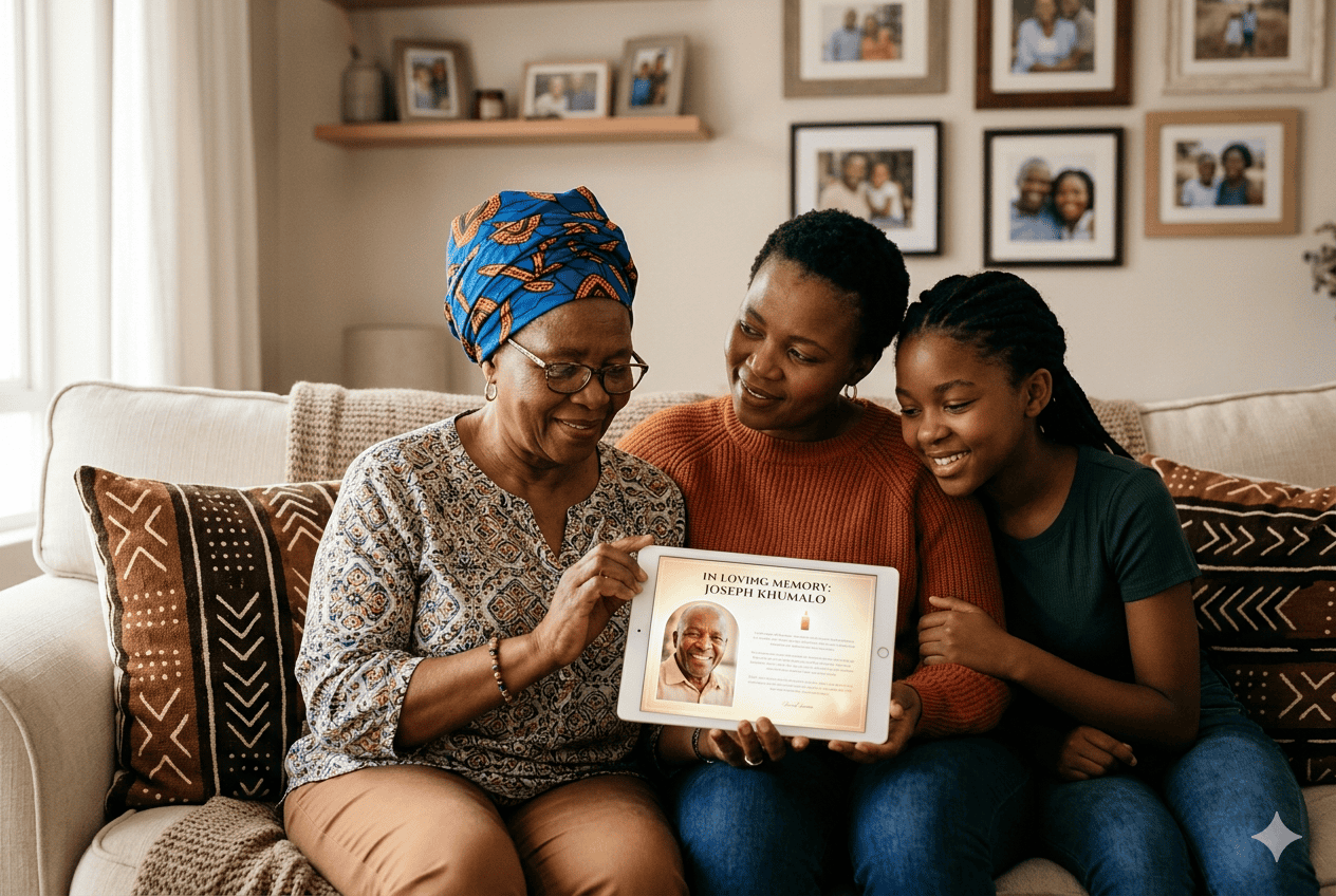 South African family viewing a digital memorial page on a tablet