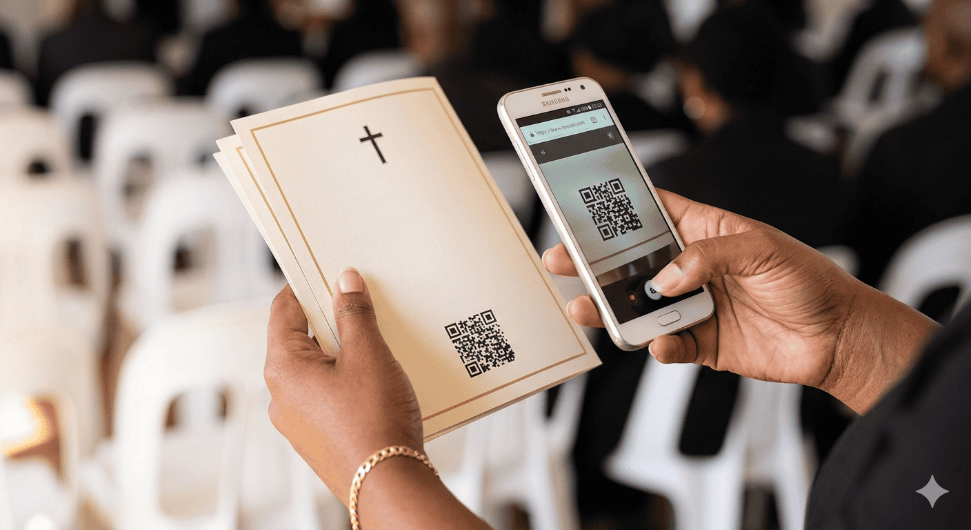A smartphone scanning a QR code on a funeral programme