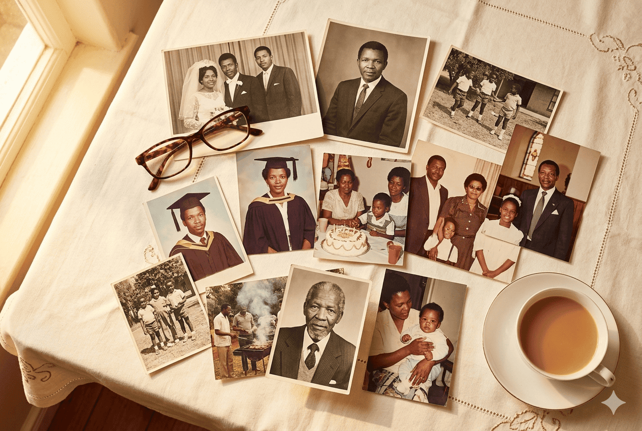 Elderly South African woman sharing a memorial page on her smartphone