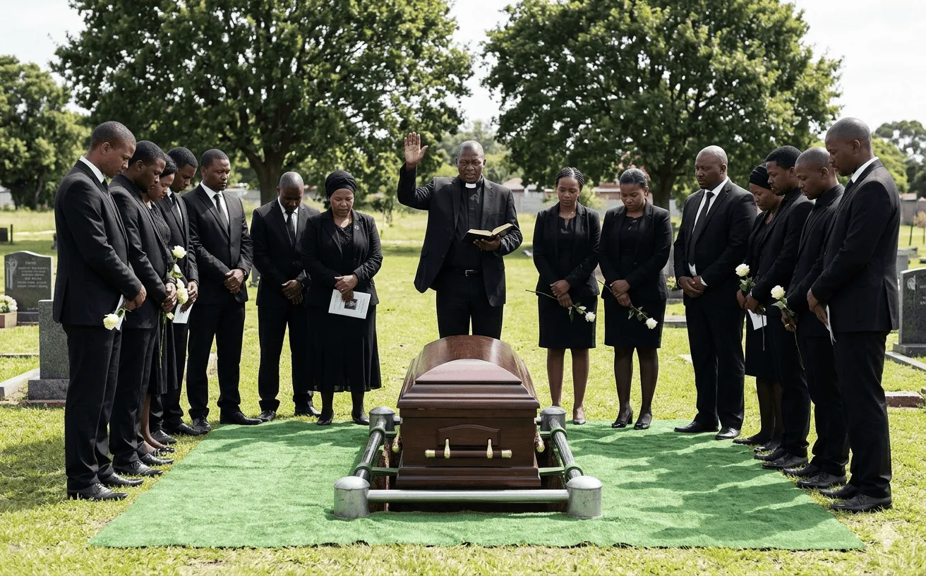 A respectful graveside burial service with a minister and mourners at a South African cemetery