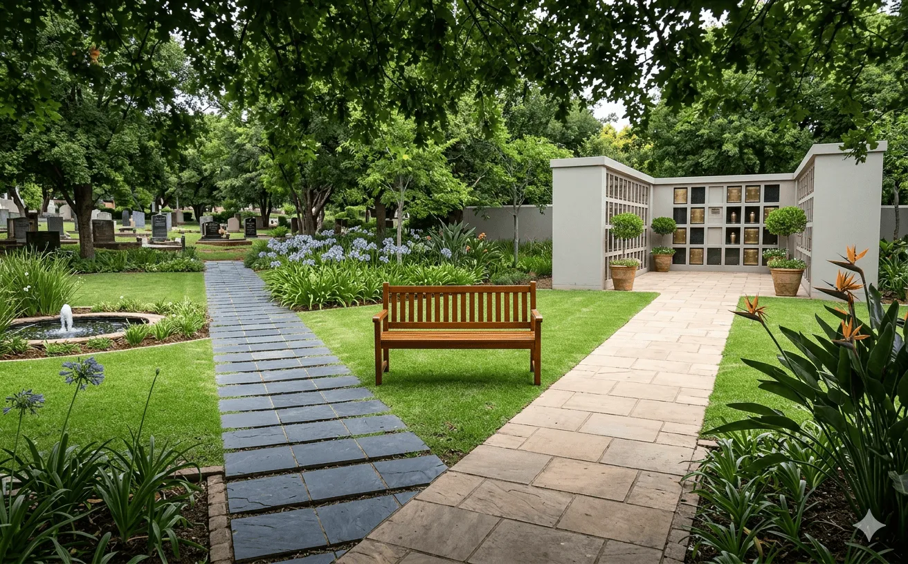 A peaceful garden path splitting into two directions representing the burial and cremation choice