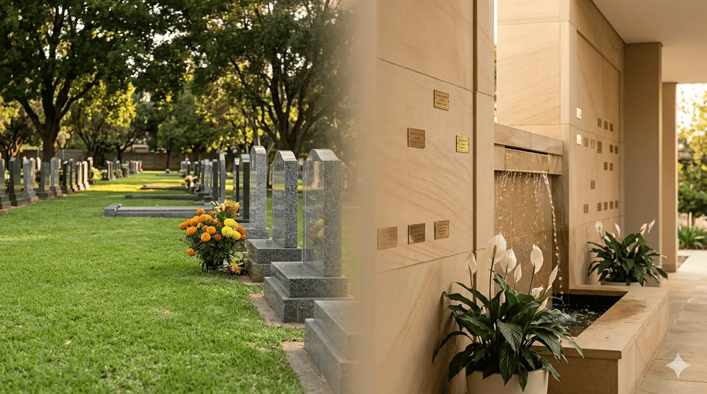 Split image showing a burial site and a cremation urn in South Africa