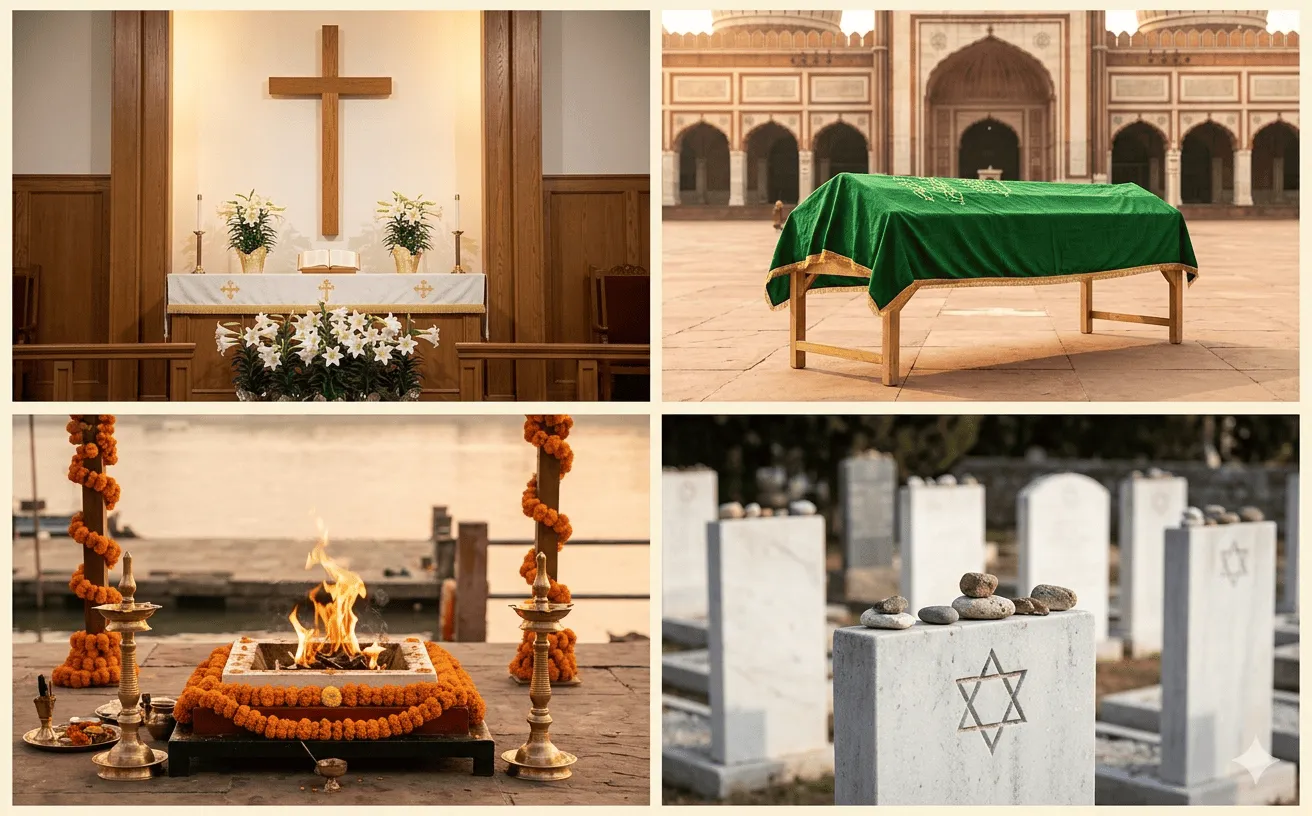 Four religious spaces showing Christian, Muslim, Hindu, and Jewish funeral traditions side by side