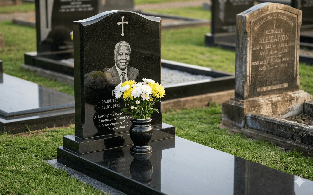 A polished black granite tombstone with laser-engraved portrait in a South African cemetery