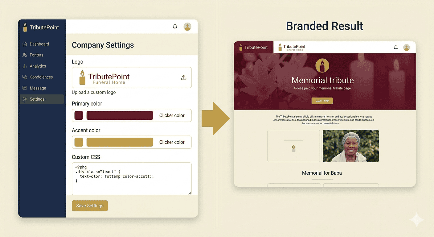 Company settings page showing logo upload, colour pickers, and a preview of a branded tribute page