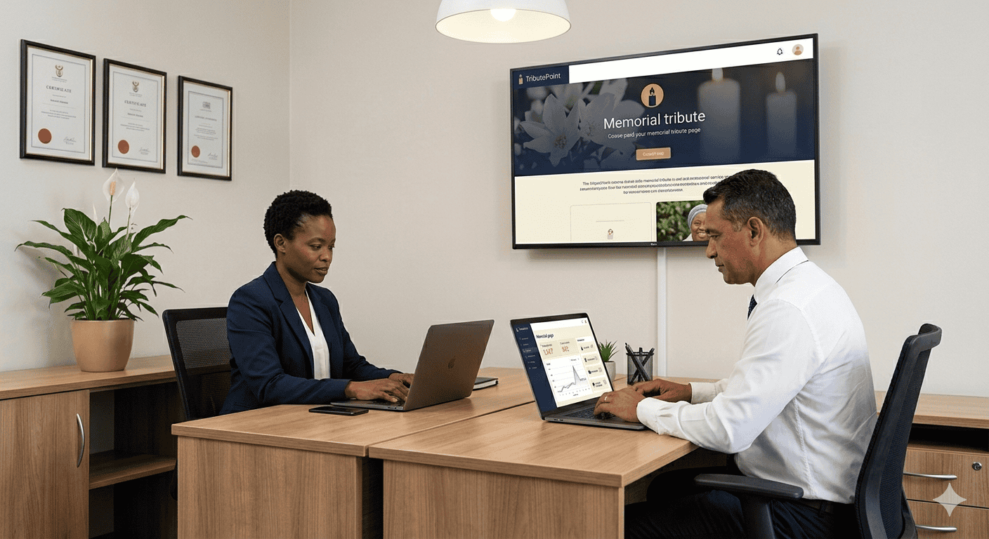 Funeral home team using TributePoint dashboards for tribute management