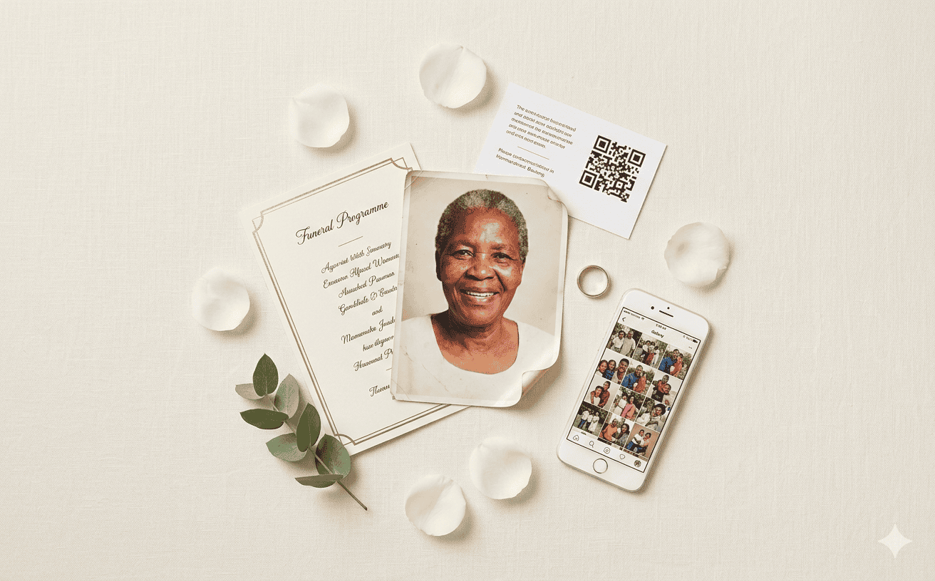Flat-lay of memorial items including photographs, a QR code card, and a smartphone
