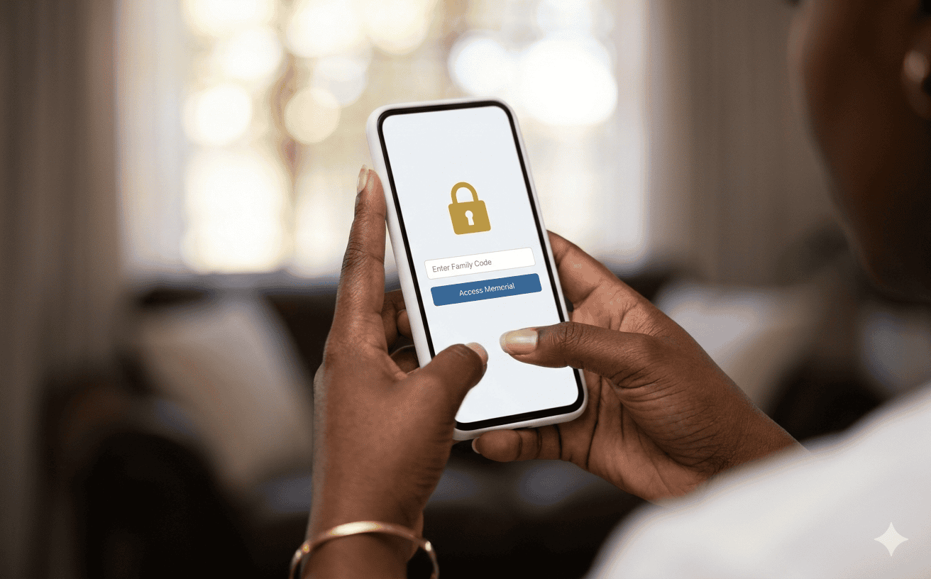 Hands holding a smartphone showing a privacy-protected memorial page