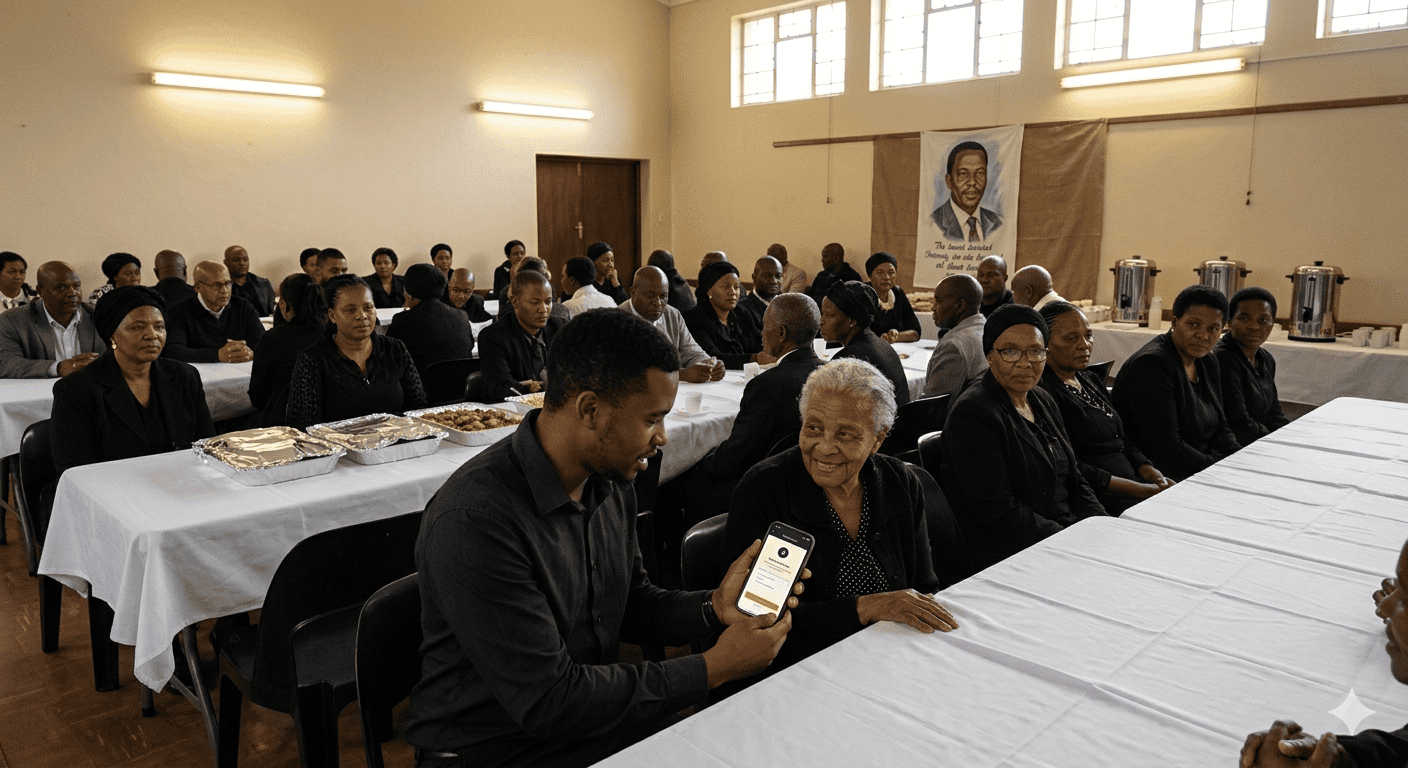 A South African funeral tea gathering in a church hall with a young man showing a donation success screen on his phone to an elderly woman