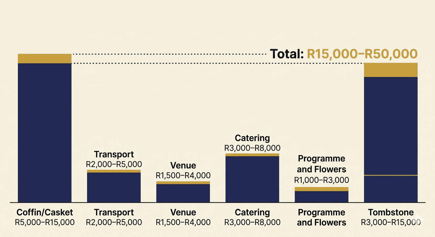 Infographic showing typical South African funeral costs broken down by category: coffin, venue, catering, transport, and burial