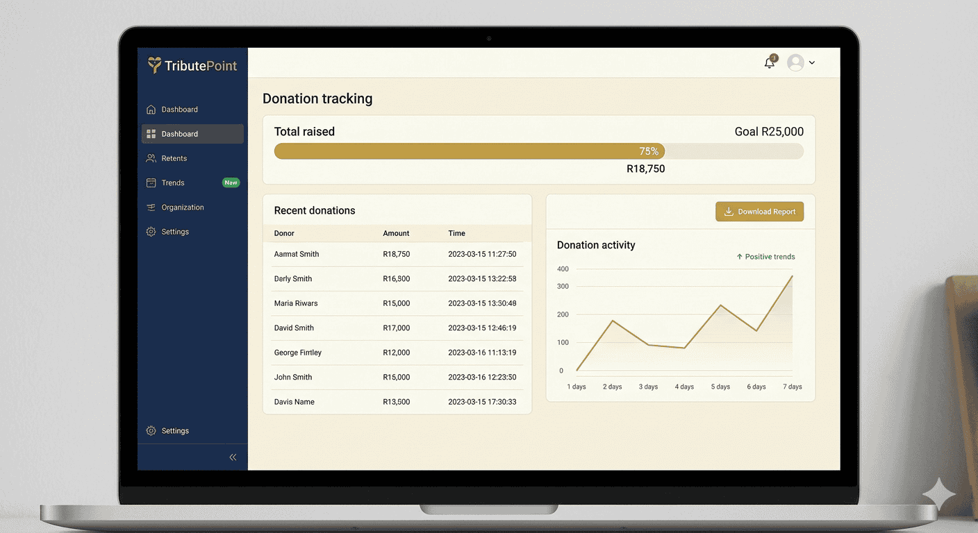 TributePoint donation history panel showing a list of contributions with names, amounts, and a running total
