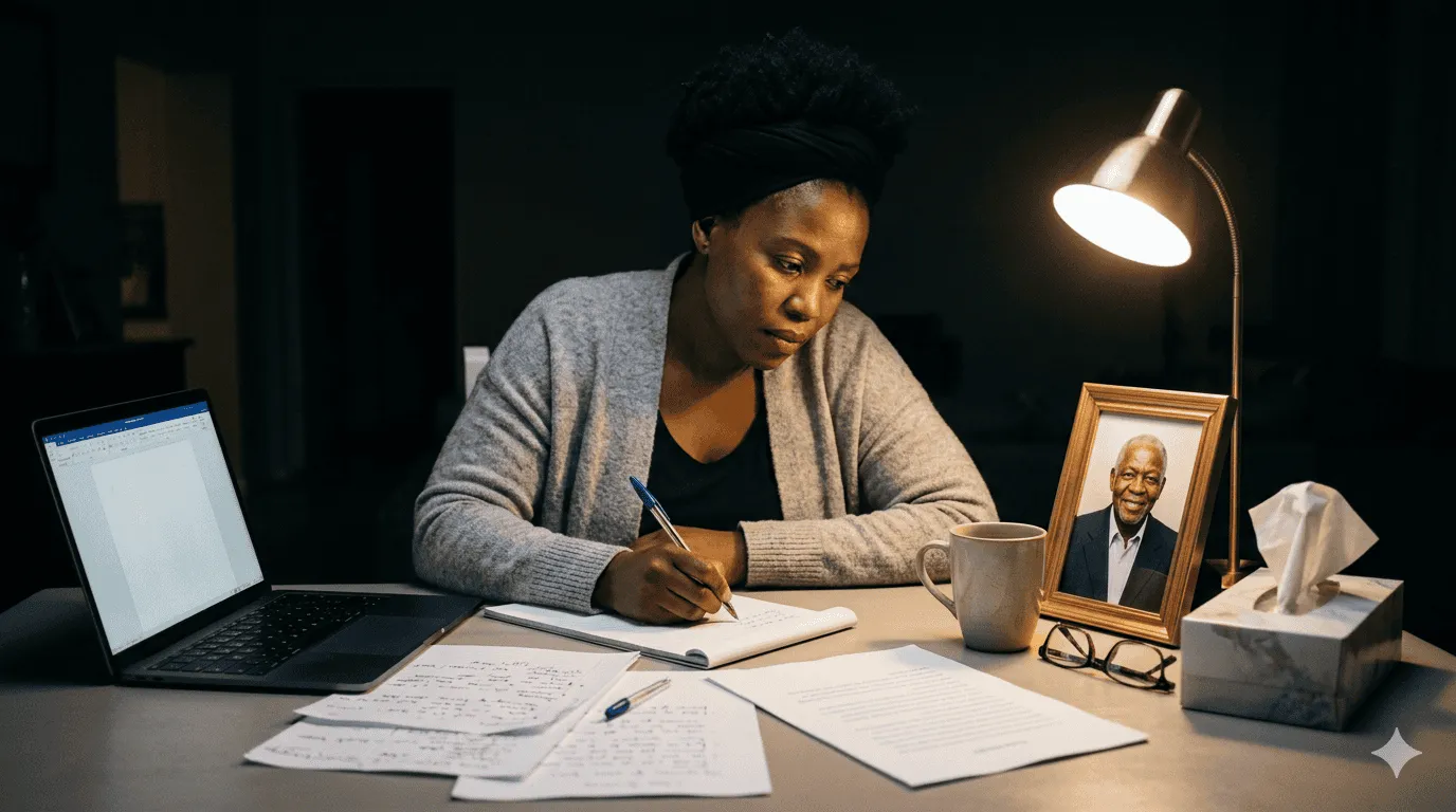 Person writing a eulogy at a desk with family photographs