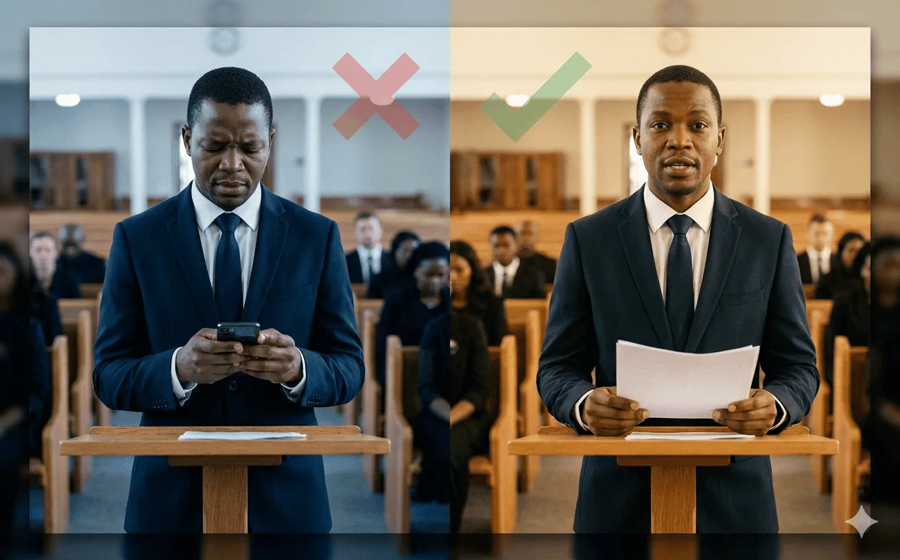 A split comparison showing wrong and right ways to deliver a eulogy at a funeral podium