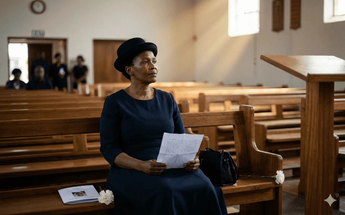 A woman sitting alone in an empty church pew after a funeral, holding an undelivered handwritten tribute