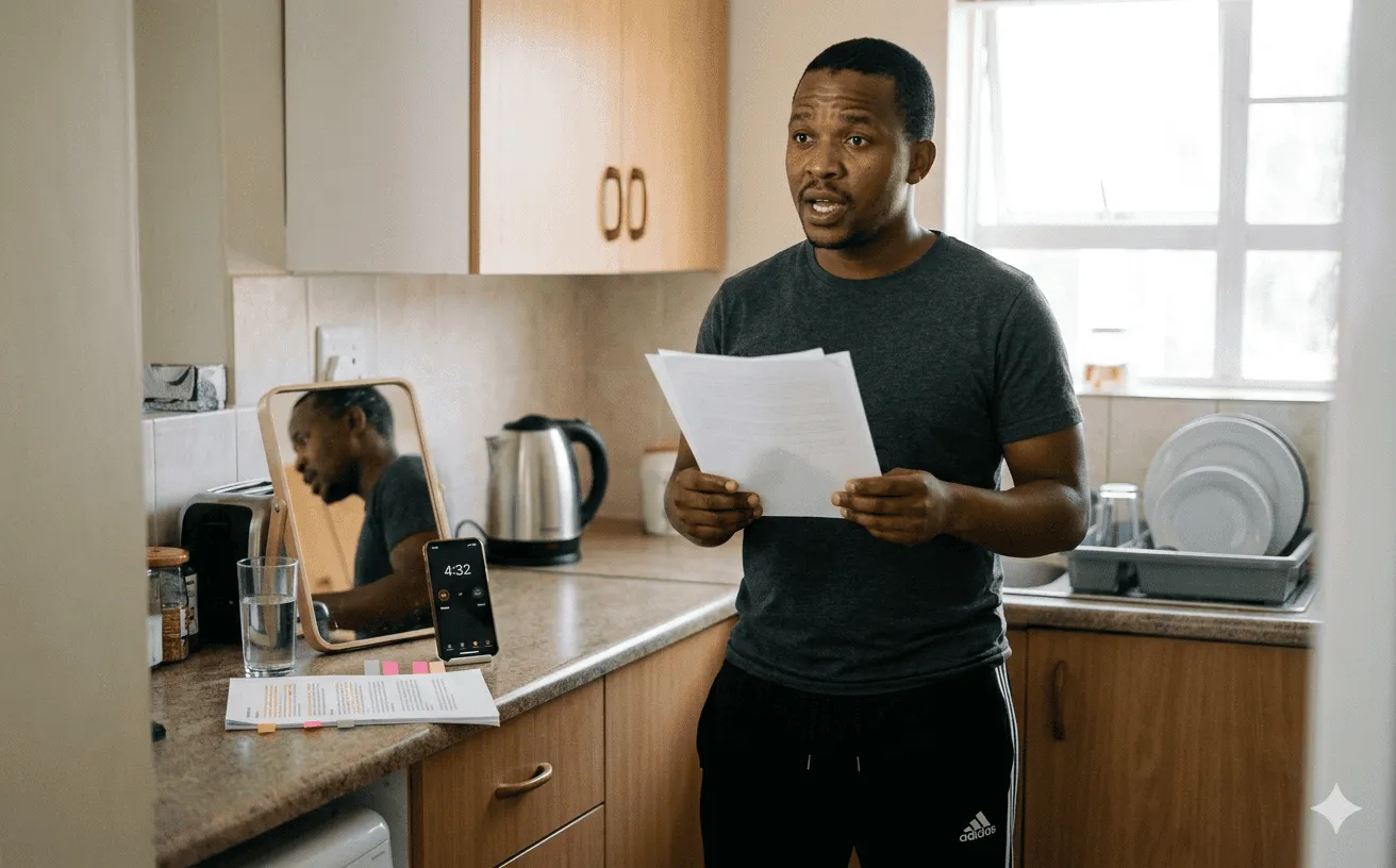 A South African man practicing his eulogy aloud in his kitchen holding printed pages with a timer running