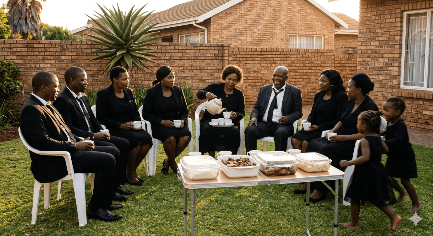 A South African family gathered in a garden sharing food after a funeral