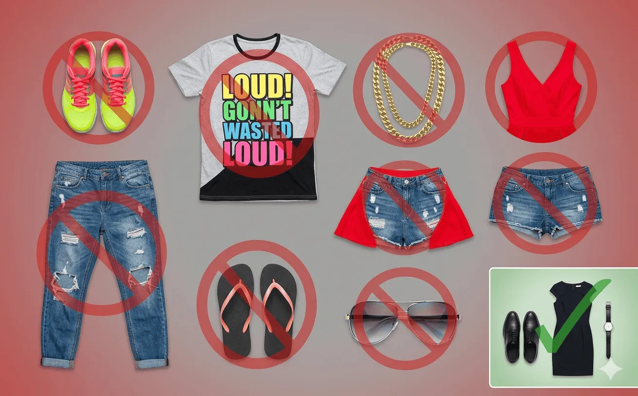 A flat-lay of inappropriate funeral items with red no symbols contrasted against appropriate dark clothing