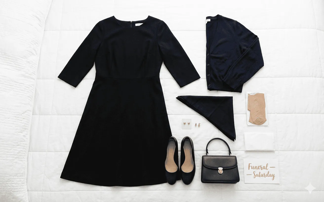 A flat-lay of a complete appropriate funeral outfit for a woman on a white bedspread