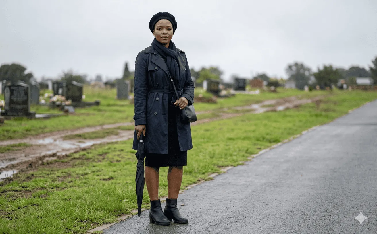 A woman in smart black funeral attire with a waterproof trench coat and umbrella on a cemetery path