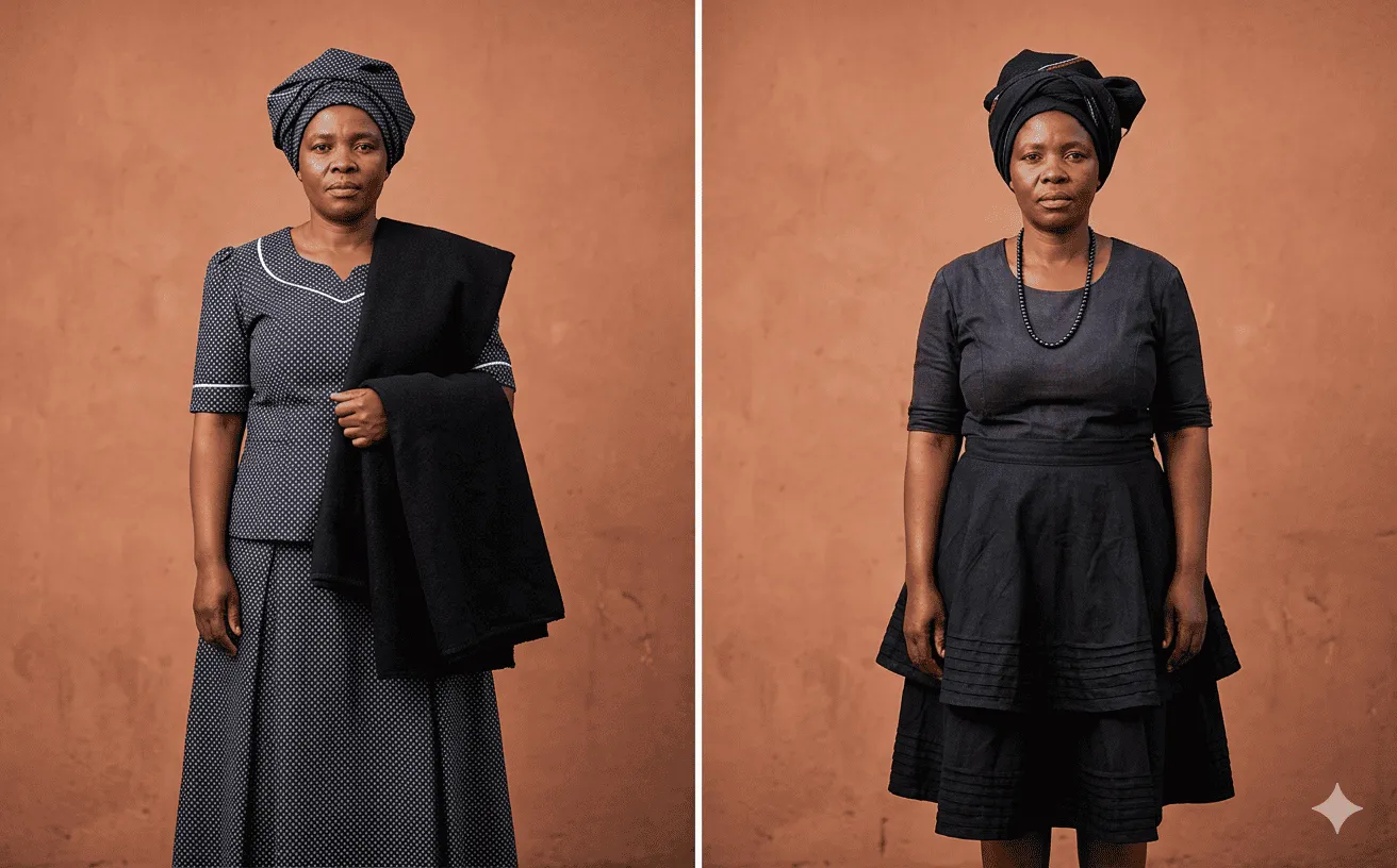 Side-by-side portraits of Sotho and Tsonga women in traditional funeral mourning attire