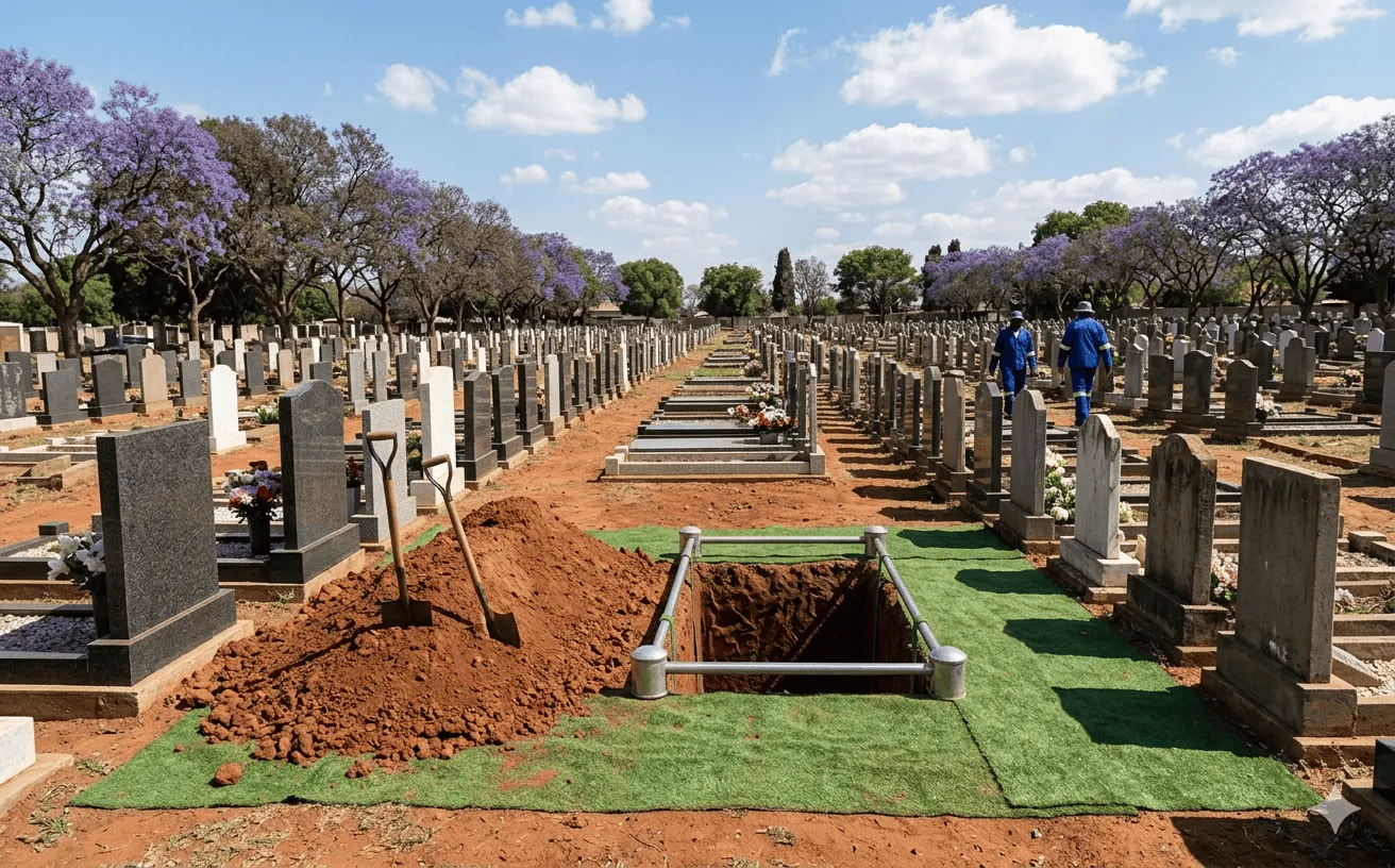A peaceful South African cemetery with maintained graves and headstones showing burial costs
