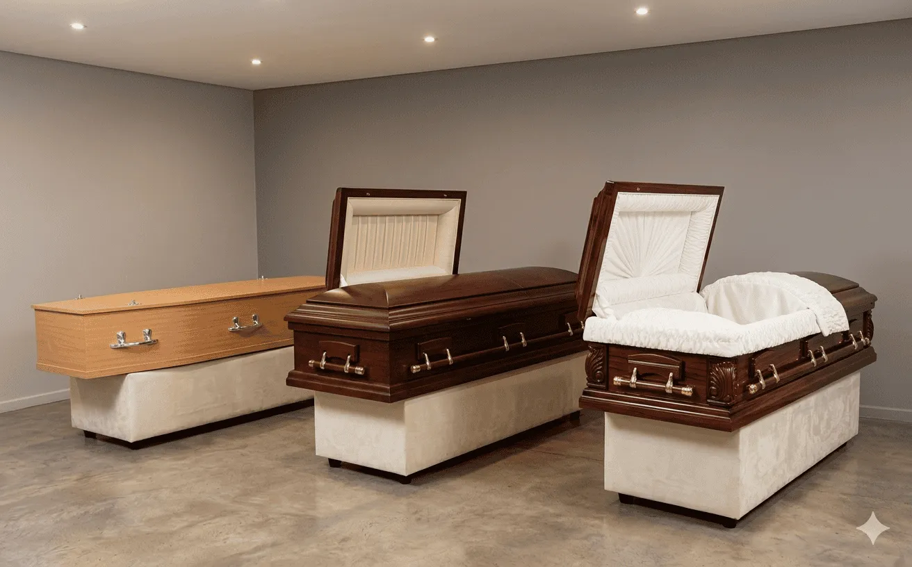 A range of funeral coffins and caskets at different price points in a South African showroom