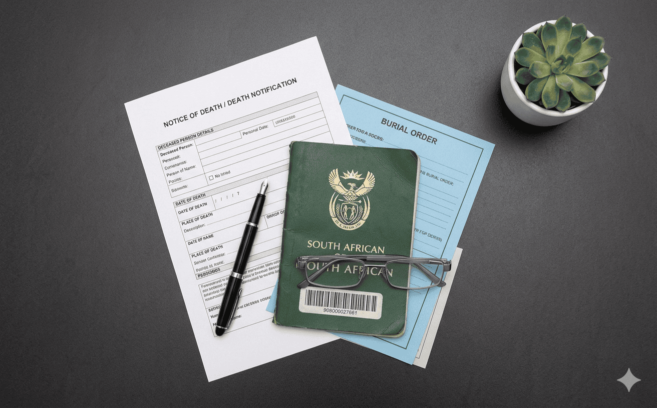 South African funeral documents arranged on a desk including an ID book and death notification form
