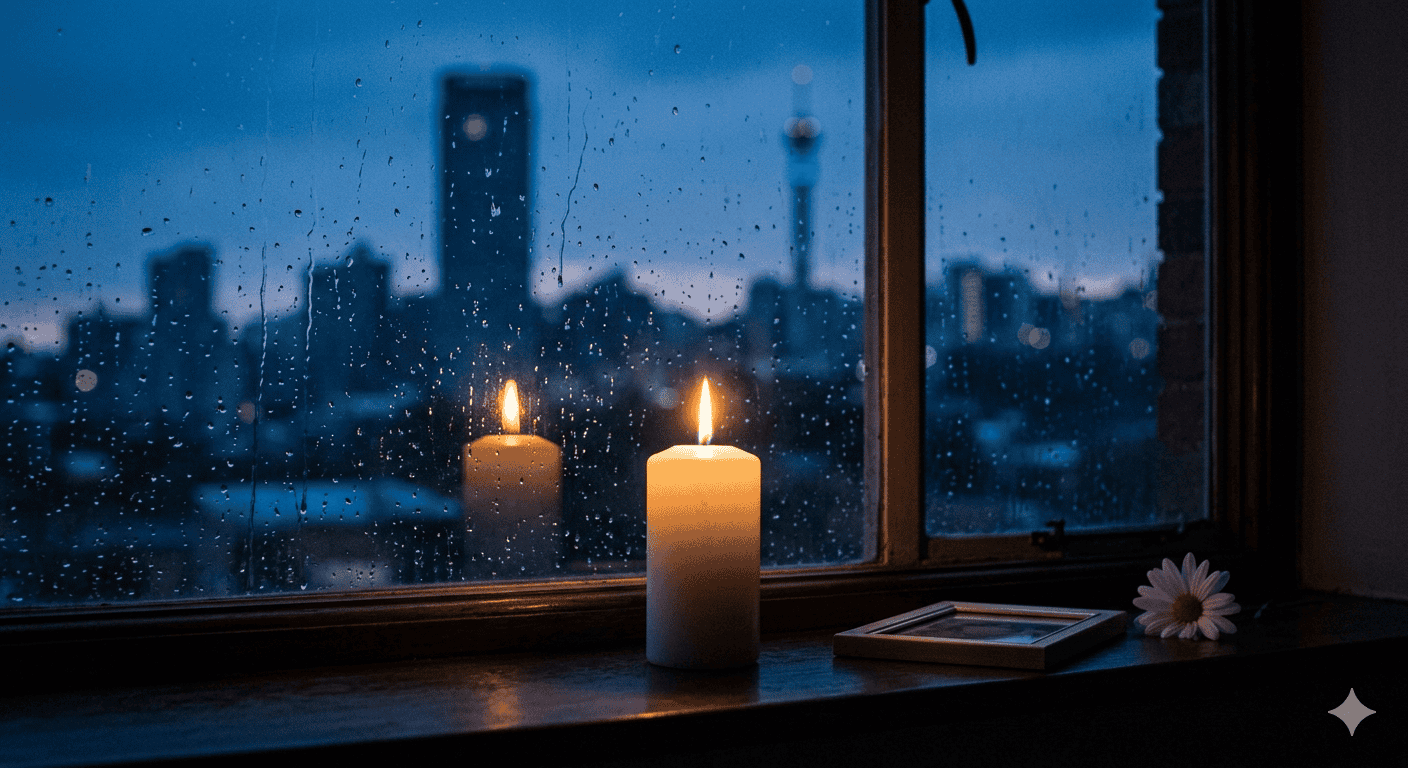 A single candle burning on a windowsill at dusk with the Johannesburg skyline in the background