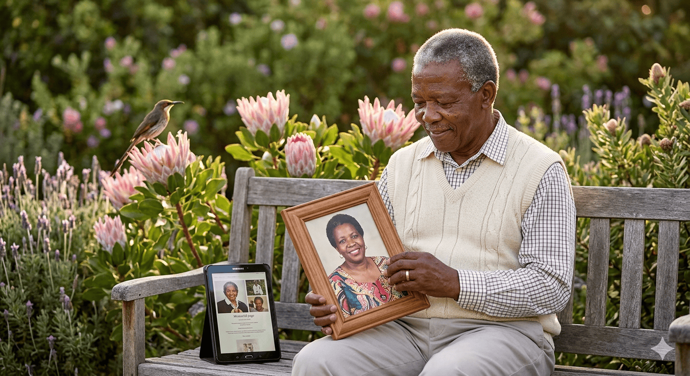 An elderly South African man sitting in a Cape garden holding a photograph of his late wife