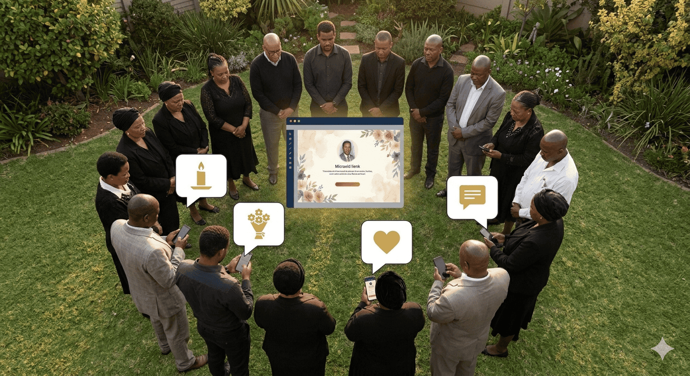 A diverse group of South African people gathered around a family, offering comfort and support after a loss