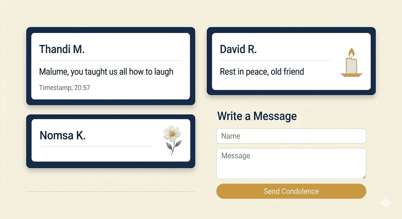 Condolence message section on a memorial page showing three written messages from different visitors with their names and dates