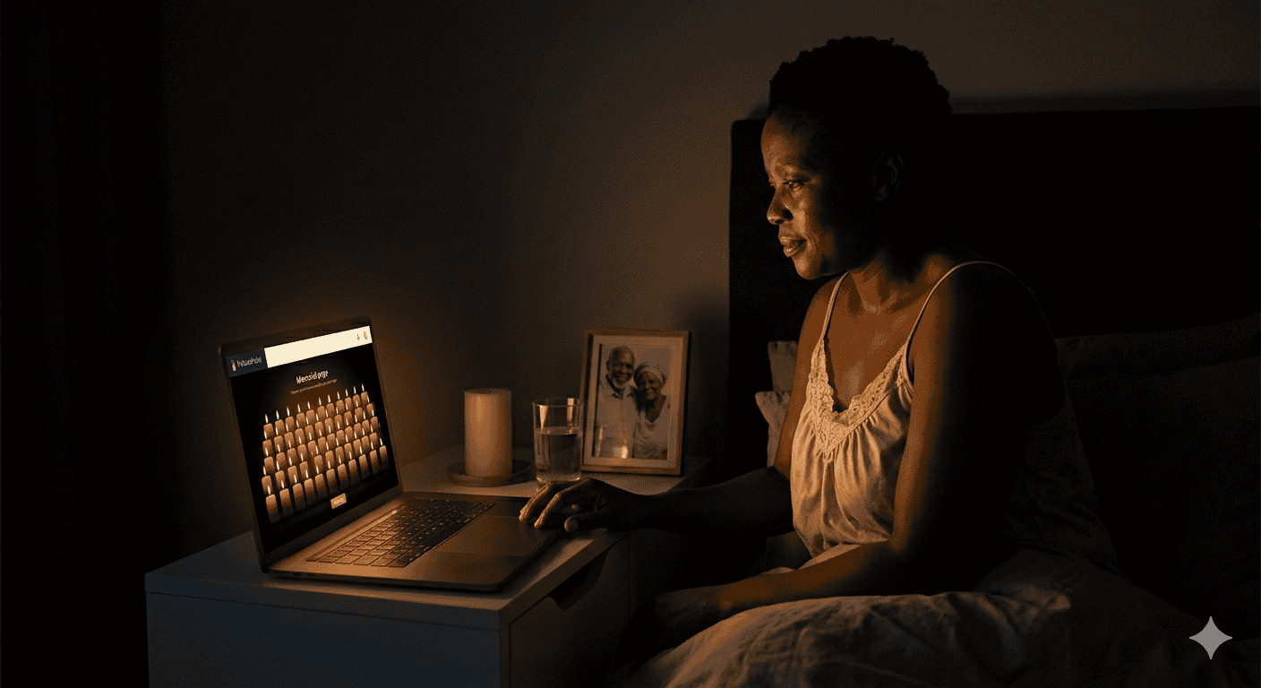 A laptop on a bedside table showing a memorial page with a glowing virtual candle wall, illuminating a person sitting in bed