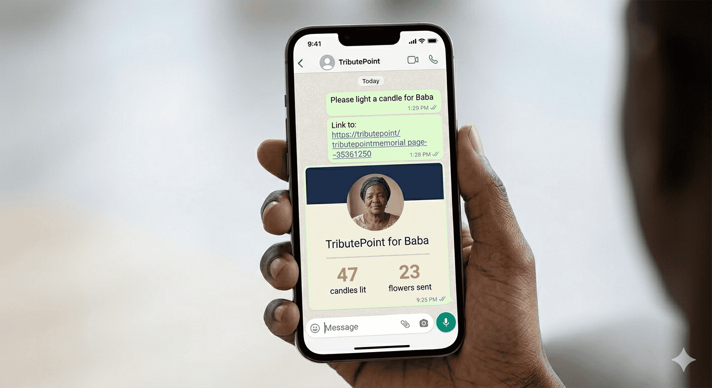 A smartphone showing a WhatsApp conversation with a shared TributePoint memorial link showing interaction statistics