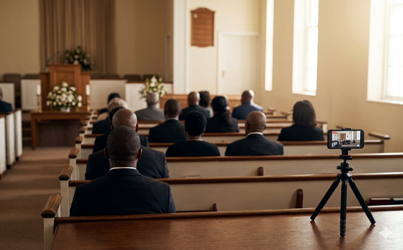 Interior of a South African funeral venue with a smartphone on a tripod livestreaming from the back row
