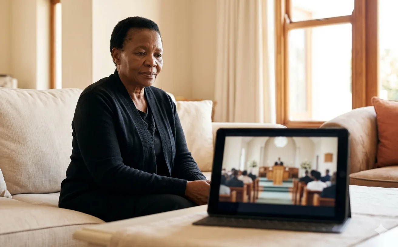 Family watching a livestreamed funeral service