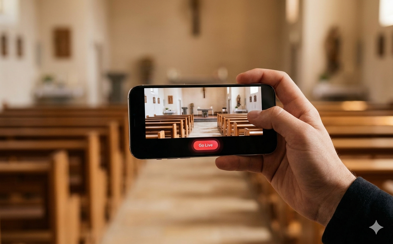 Hand holding a smartphone showing the TributePoint camera preview with a red Go Live button