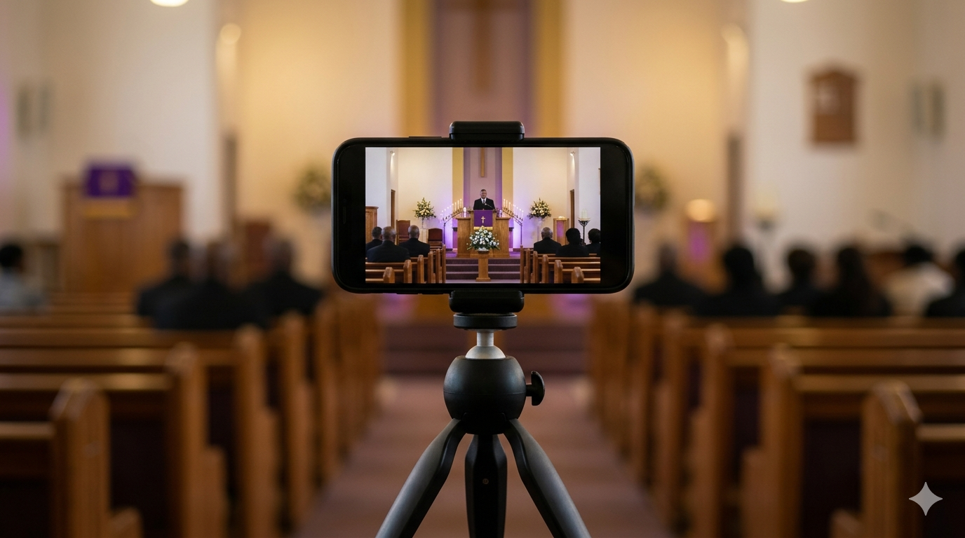Smartphone on a tripod livestreaming a funeral service inside a South African church with warm ambient lighting
