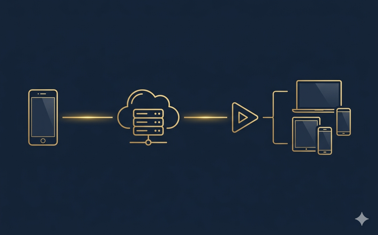 Illustration showing the streaming flow from smartphone to cloud server to YouTube to viewer devices