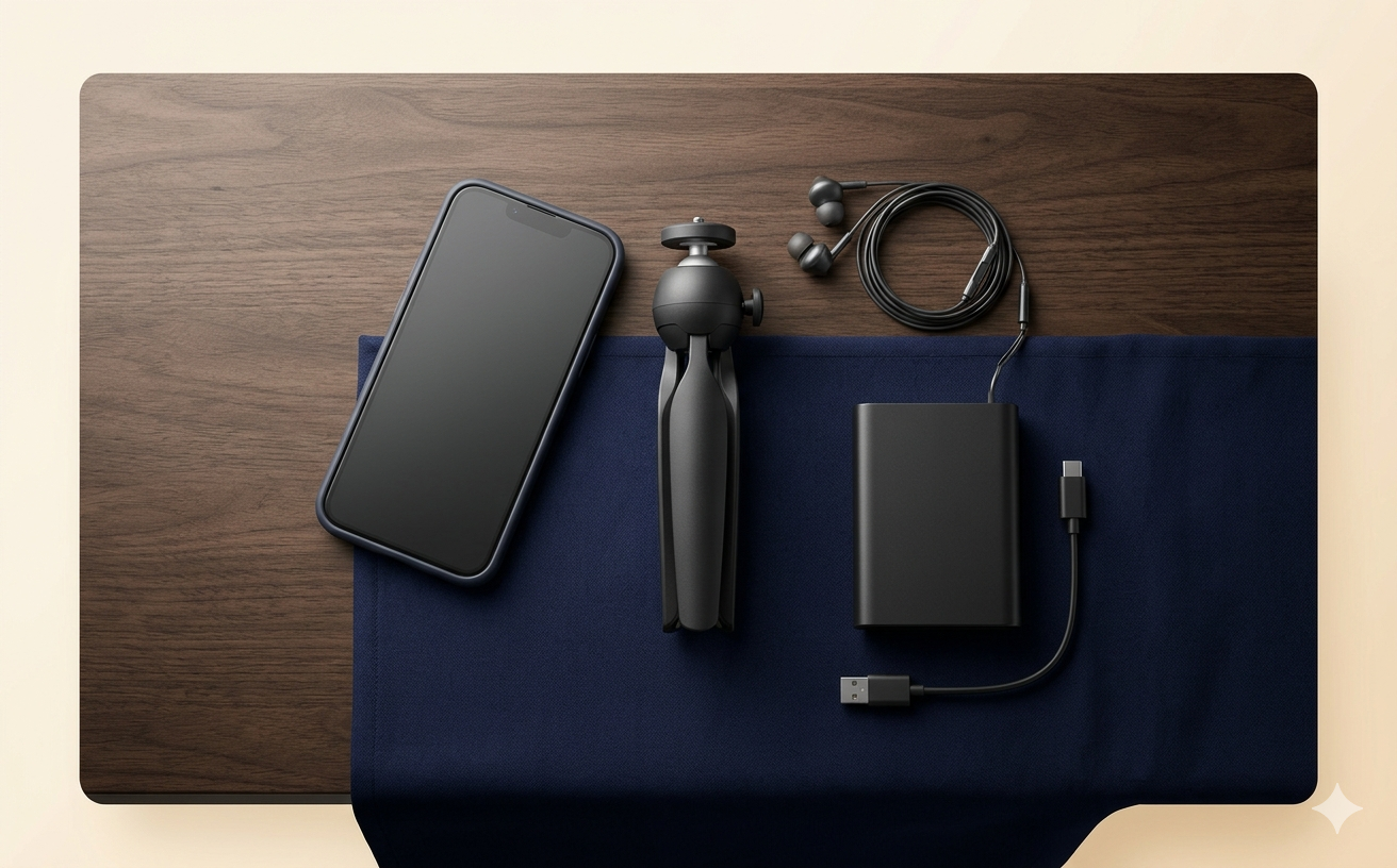 Flat-lay of streaming essentials on a dark wooden table — smartphone, tripod, power bank, and earphones