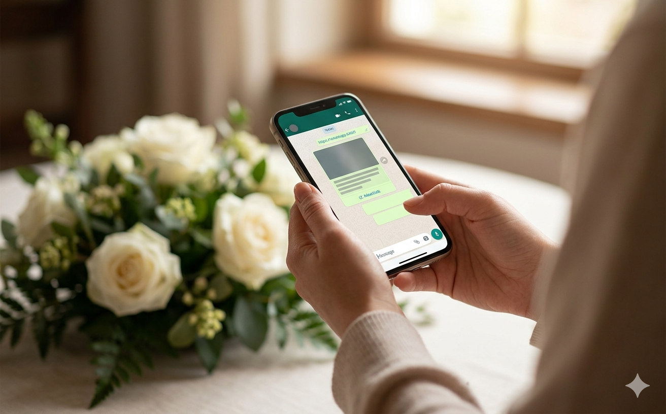 Hands holding a smartphone showing a WhatsApp conversation with a shared livestream link