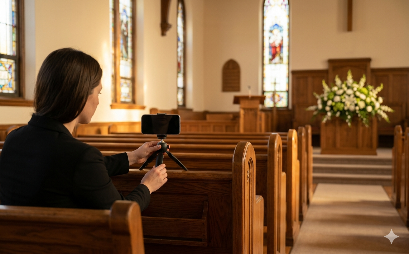 Person setting up a smartphone on a tripod at the back of an empty church before a funeral service