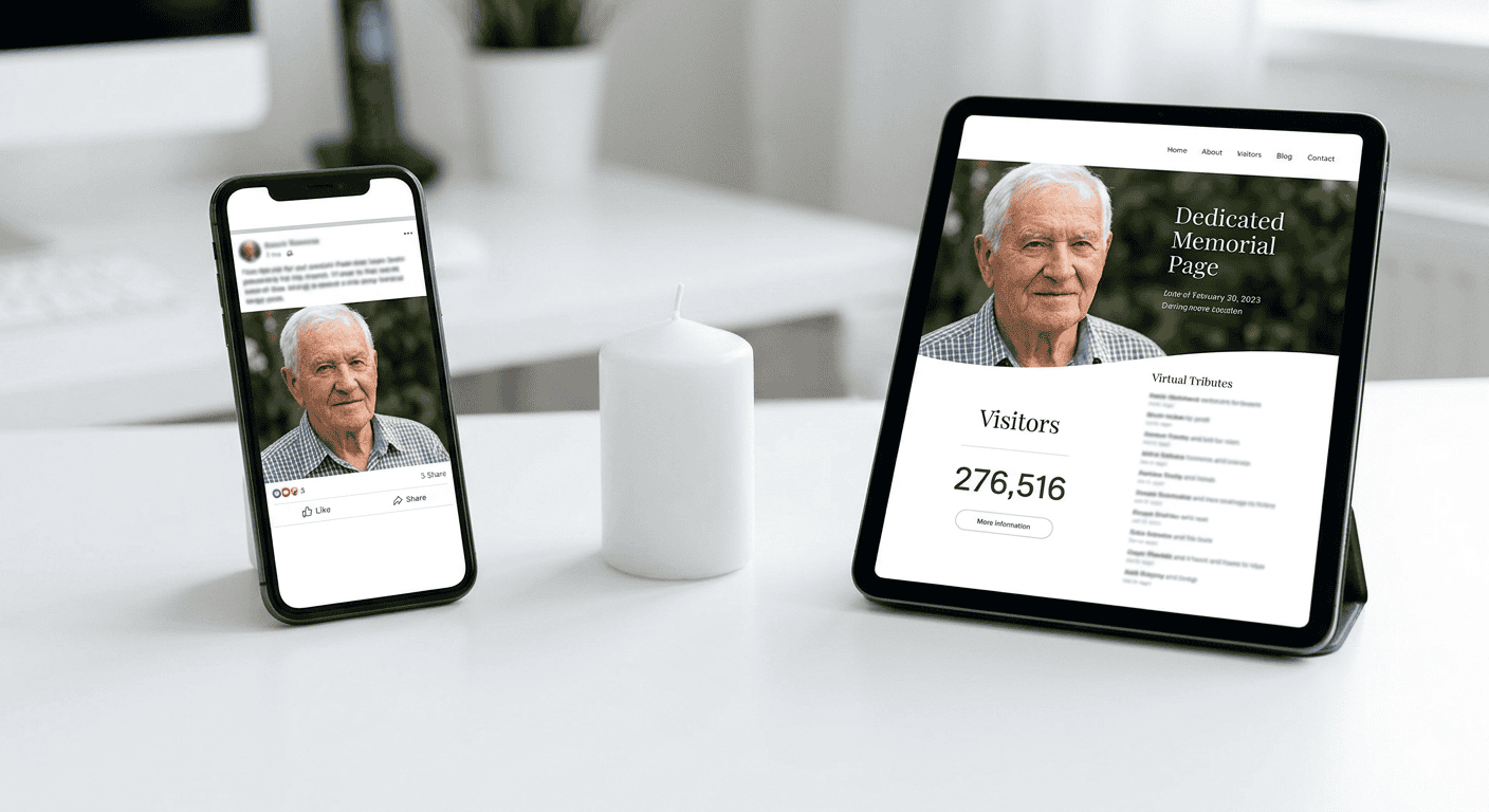 Side-by-side comparison of a social media post versus a dedicated memorial page