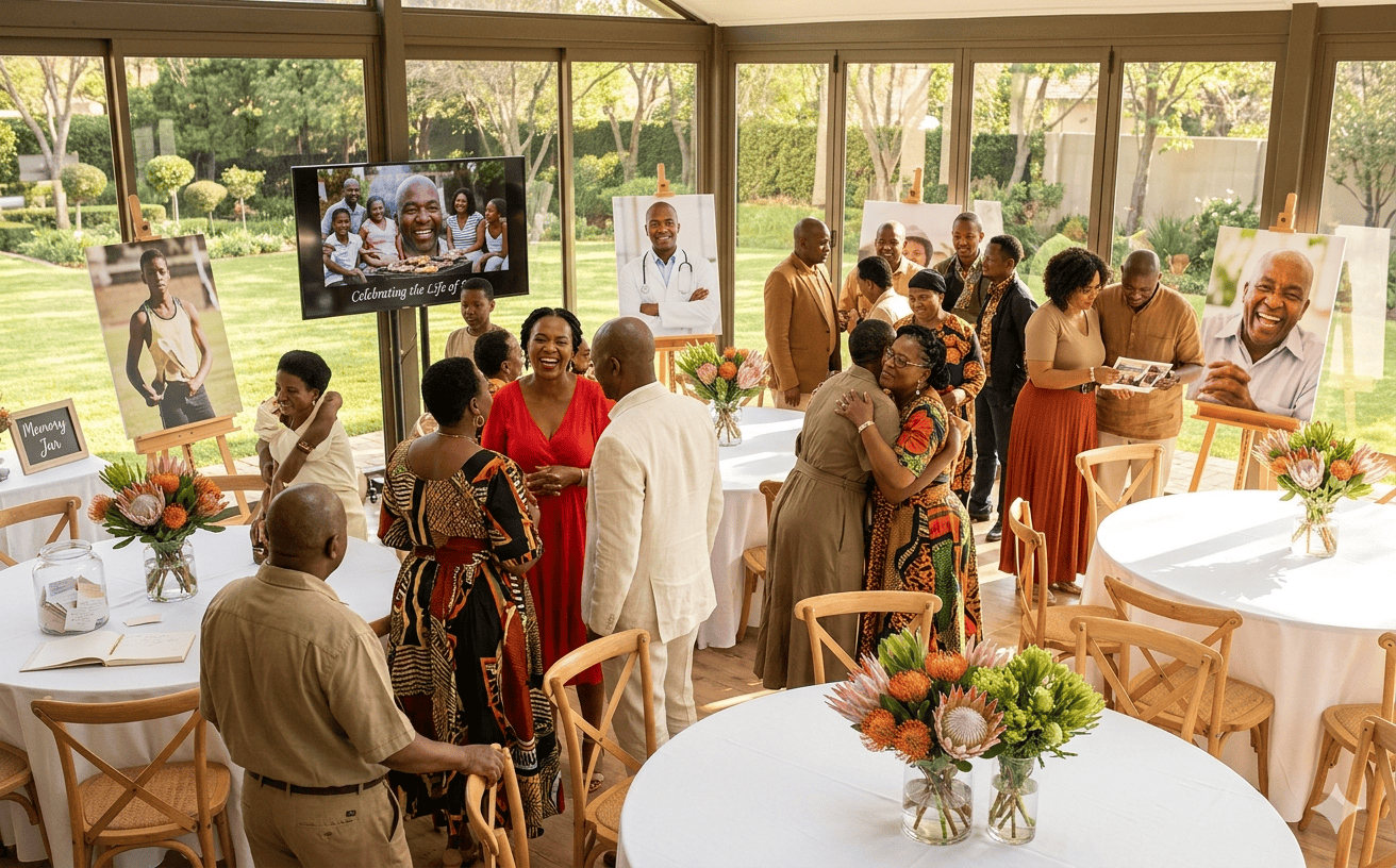 A modern celebration of life with colourful flowers, slide show screen, and music