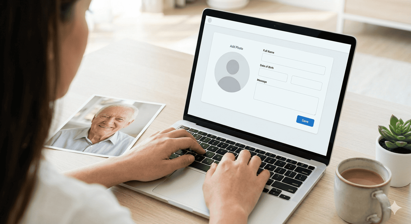 Over-the-shoulder view of someone typing an obituary on a laptop memorial editor