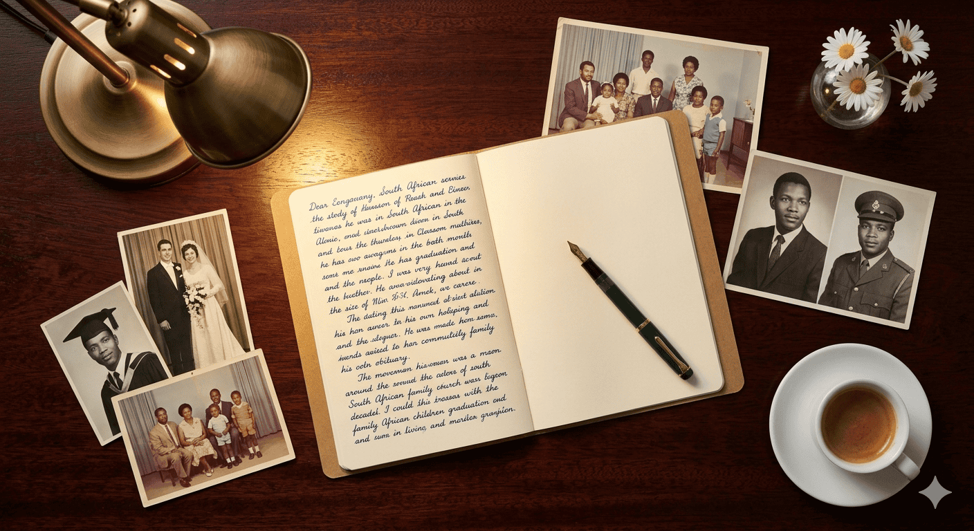 A desk with a notebook, fountain pen, family photographs, and white daisies