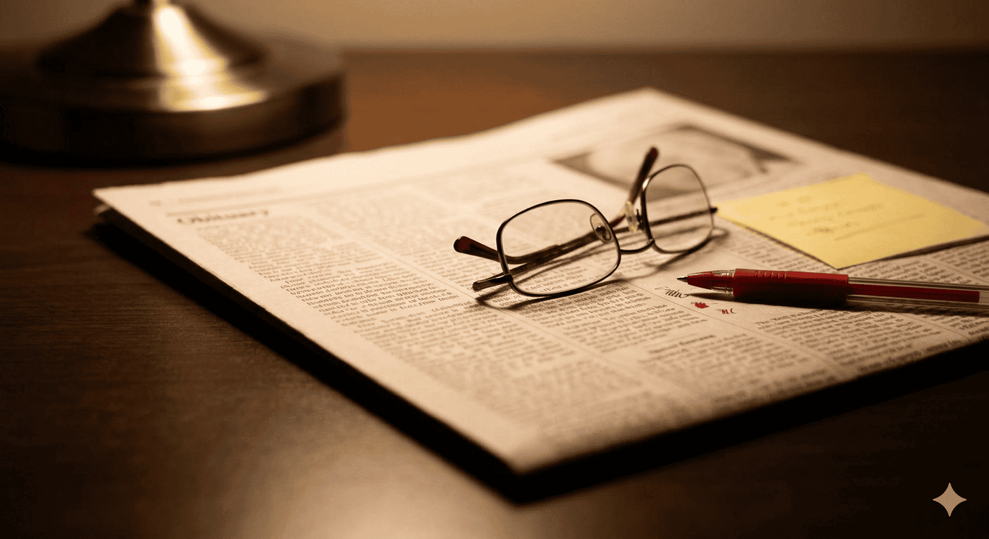 A newspaper open to the obituaries section with reading glasses and a red pen