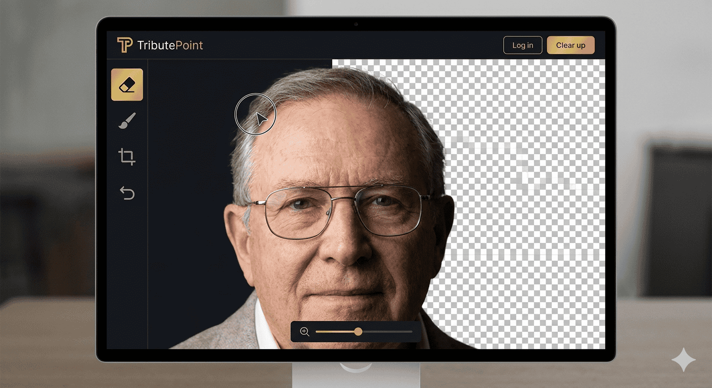 The TributePoint cutout editor canvas with eraser tool active, zoomed in on a portrait edge