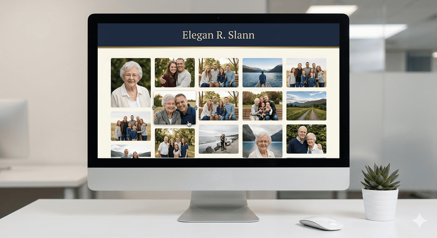 Grid view of a tribute photo gallery showing twelve family photos with thumbnails and a count badge