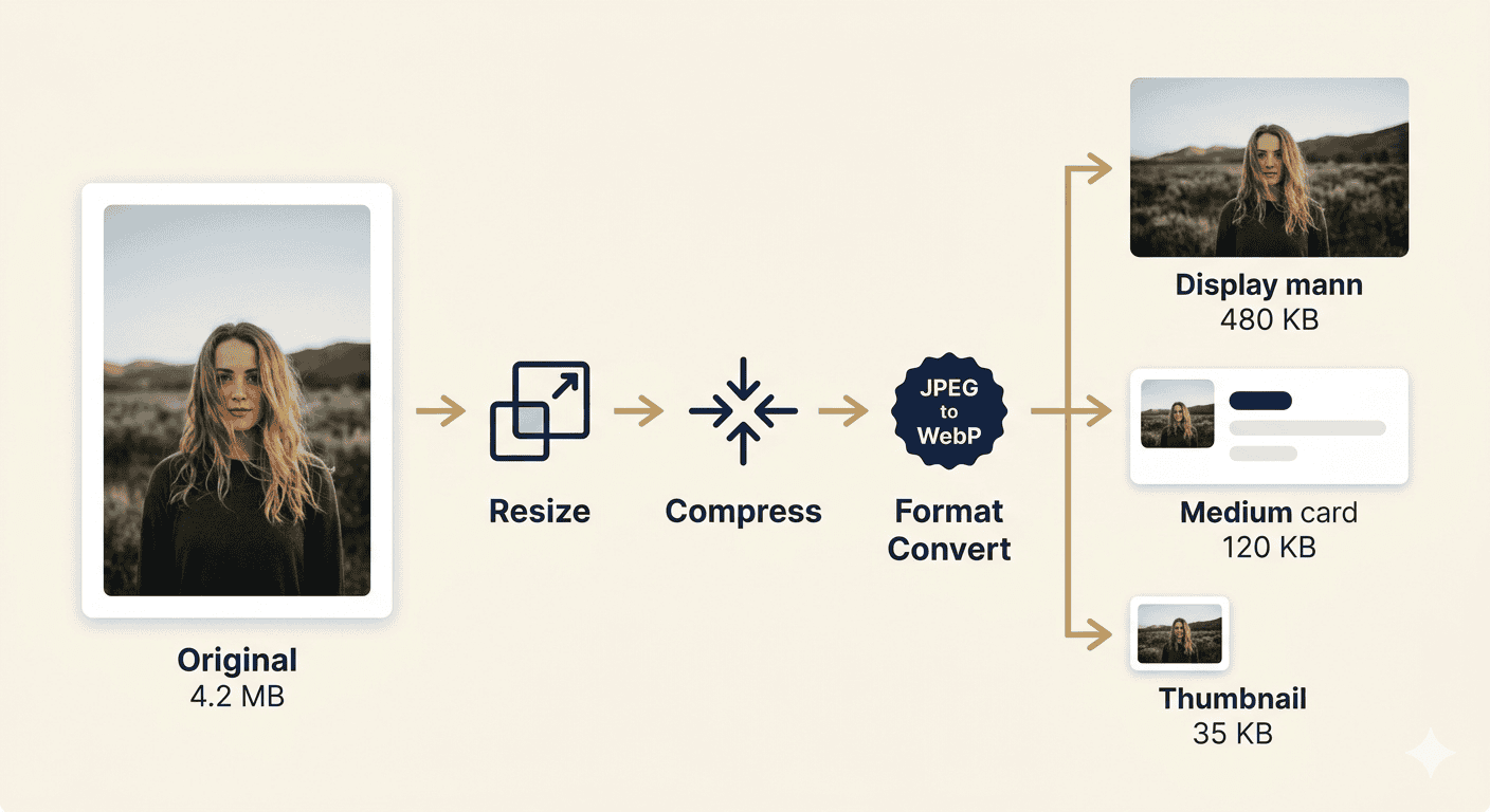 Diagram showing an original large photo being resized, converted to WebP, and thumbnailed automatically