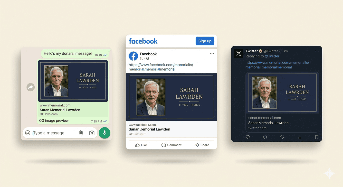A WhatsApp chat showing a shared tribute link with a rich OG image preview card